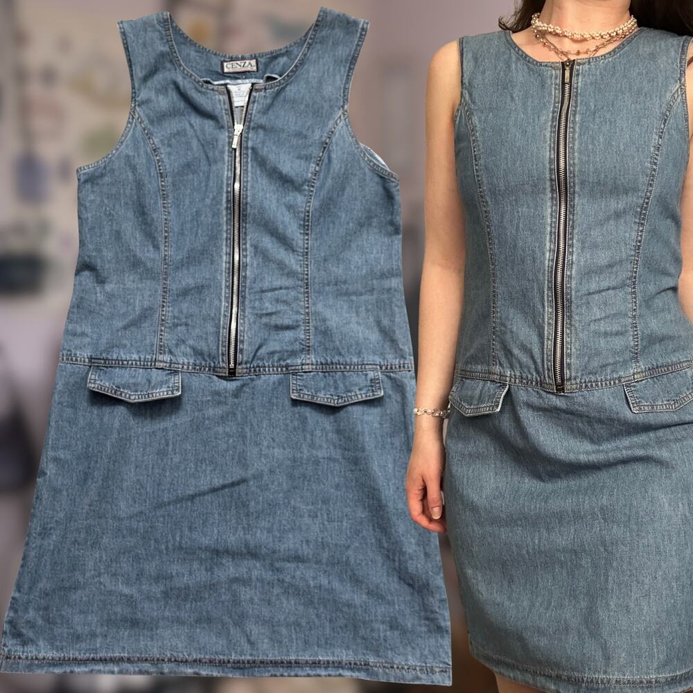 Vintage 90s M Denim Mini Dress Zipper 100% Cotton Natural Fibers Blue Pockets